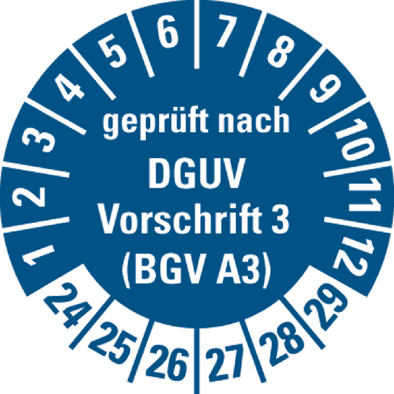 Prüfplakette gepr.n.DGUV Vor.3 (BGV A3),24-29,blau,Folie,selbst.,Ø20mm,10/Bogen Prüfplakette gepr.n.DGUV Vor.3 (BGV A3),24-29,blau,Folie,selbst.,Ø20mm,10/Bogen-Beschreibung lesen
