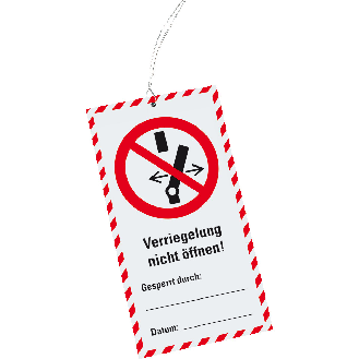 Wartungsanhänger Verriegelung nicht öffnen, Kunststoff, 76x147mm, Kabelbinder, 10/VE, ASR A1.3, DIN EN ISO 7010 P031-Beschreibung lesen
