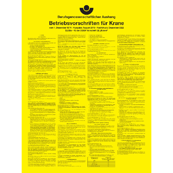 Aushang Betriebsvorschriften Krane, DGUV 52, Kunststoff, 300x400mm, DGUV Aushang Betriebsvorschriften Krane, DGUV 52, Kunststoff, 300x400mm, DGUV-Beschreibung lesen