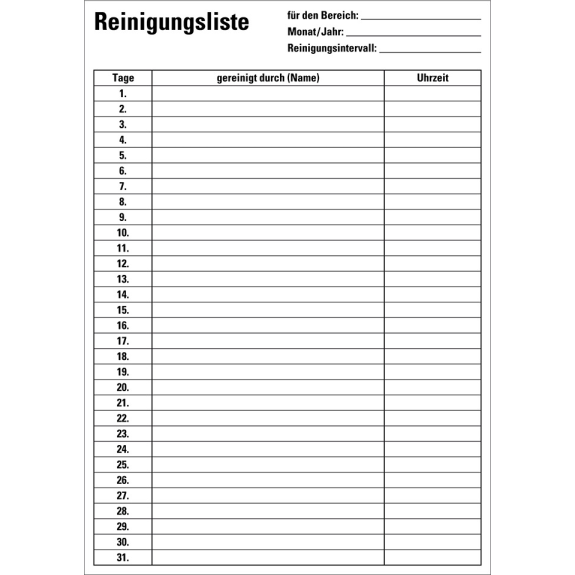 Reinigungsliste, zum Nachweis vorgegebener Reinigungen, Papier, 210x297mm, 12/VE Reinigungsliste, zum Nachweis vorgegebener Reinigungen, Papier, 210x297mm, 12/VE-Beschreibung lesen