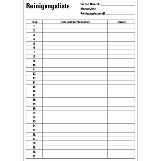 Reinigungsliste, zum Nachweis vorgegebener Reinigungen, Papier, 210x297mm, 12/VE-Beschreibung lesen