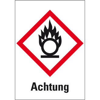 Gefahrensymbol Flamme über Kreis GHS 03, Achtung, Folie, 52x37mm, 6/Bogen, GHS-Verordnung-Beschreibung lesen