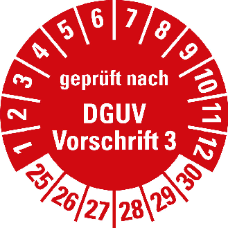 Prüfplakette gepr.n.DGUV Vorschrift 3,25-30,rot,Folie,selbstkl.,Ø 20mm,10/Bogen-Beschreibung lesen