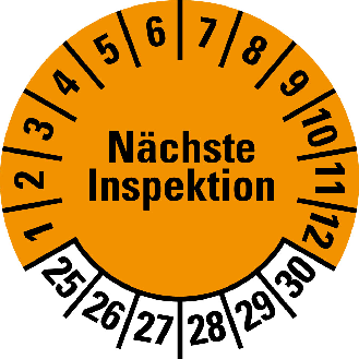 Prüfplakette Nächste Inspektion,25-30,orange,Folie,selbstklebend,Ø 20mm,10/Bogen-Beschreibung lesen