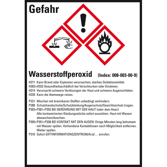 GHS-Etikett Wasserstoffperoxid, GefStoffV/GHS/CLP, Folie, 74x52mm, 10/Bogen GHS-Etikett Wasserstoffperoxid, GefStoffV/GHS/CLP, Folie, 74x52mm, 10/Bogen-Beschreibung lesen