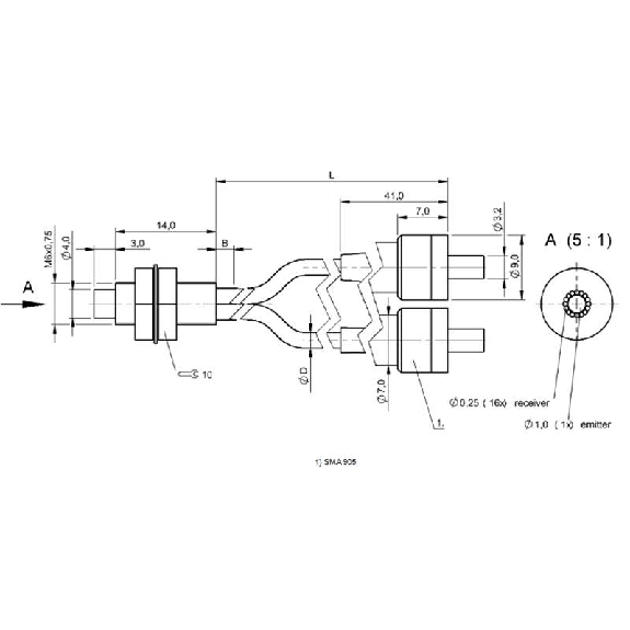 Fibre opt. directe coaxiale, plast. Ø2,2mm, tête M6, 1m - BFO D22-XB-LB-EAK-15-SA1-01 (BFO00FP)-Lire la description
