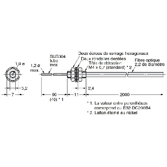Fibre opt. barrage, tête M4 tube 40xØ1.2mm flexible, 2m - E32-TC200B4-Lire la description