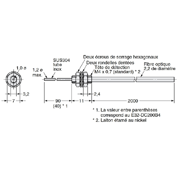 Fibre opt. barrage, tête M4 tube 40xØ1.2mm flexible, 2m - E32-TC200B4 Fibre opt. barrage, tête M4 tube 40xØ1.2mm flexible, 2m - E32-TC200B4-Lire la description