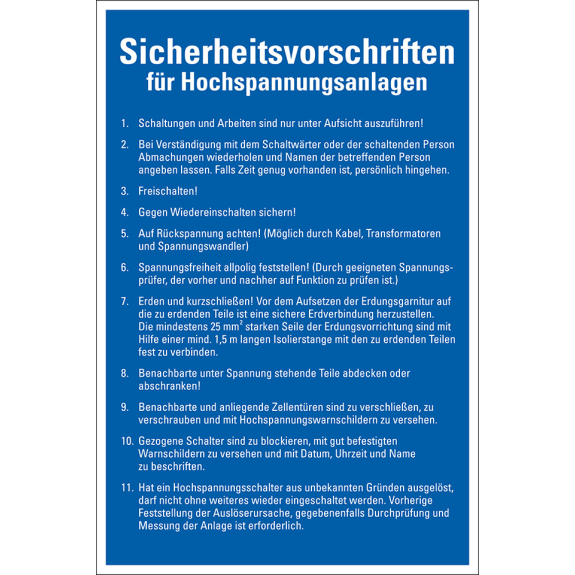 Aushang Sicherheitsvorschriften für Hochspannungsanlagen, Kunststoff, 400x600mm Aushang Sicherheitsvorschriften für Hochspannungsanlagen, Kunststoff, 400x600mm-Beschreibung lesen