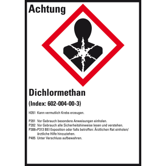 GHS-Etikett Dichlormethan, GefStoffV/GHS/CLP, Folie, 52x74mm, 10/Bogen-Beschreibung lesen