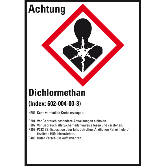 GHS-Etikett Dichlormethan, GefStoffV/GHS/CLP, Folie, 52x74mm, 10/Bogen GHS-Etikett Dichlormethan, GefStoffV/GHS/CLP, Folie, 52x74mm, 10/Bogen-Beschreibung lesen