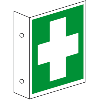 Rettungs-Fahnenschild Erste Hilfe, doppelseitig, Kunststoff, 200x200mm, ASR A1.3, DIN EN ISO 7010 E003-Beschreibung lesen