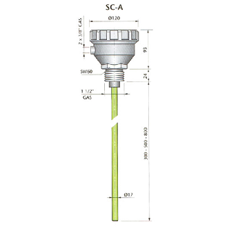 Sonde de niveau capacitive tige 500mm, 1RT, 1 1/2 Gaz, 24Vac - SC-A500 24Vac"-Lire la description