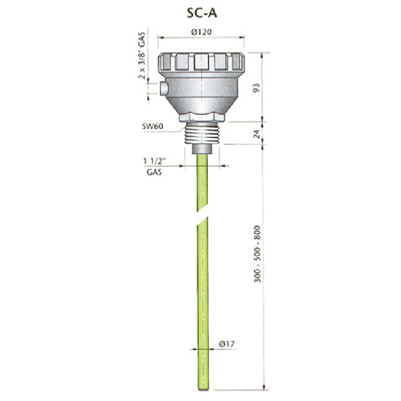 Sonde de niveau capacitive tige 500mm, 1RT, 1 1/2 Gaz, 24Vac - SC-A500 24Vac"-Lire la description