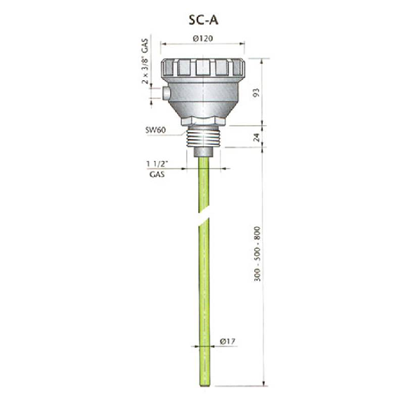 Sonde de niveau capacitive tige 300mm, 1RT, 1 1/2 Gaz, 110/220Vac - SC-A300 110/220Vac"-Lire la description