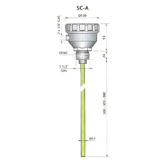 Sonde de niveau capacitive tige 300mm, 1RT, 1 1/2 Gaz, 110/220Vac - SC-A300 110/220Vac"-Lire la description