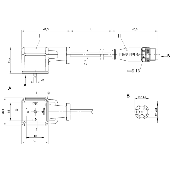 M12 Mâle Droit 3p/EV Forme A 18mm 24V LED+ATP Câble PUR Noir 1m - BCC VA04-M413-3E-664-PX0350-010 (BCC0502)-Lire la description