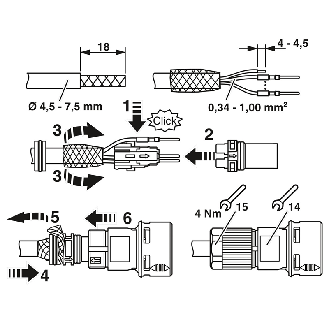 M12A Mâle Droit 5p; Bornes à sertir, Ø4,5-7,5mm, Blindé - SACC-PO12MS-5CT-CM SH-Lire la description