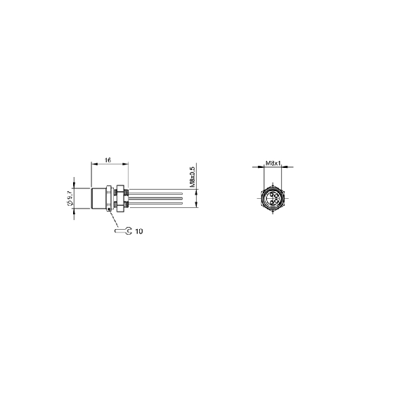 Passage de cloison M08 Fem Droit 4p/4 fils (4 x 0.25mm²) 0.5m, 30V - BCC M354-0000-10-RM050-005 (BCC0E35)-Lire la description