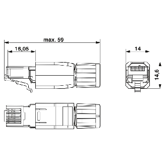 RJ45 Mâle Droit 8p; Bornes autodénudantes IDC; CAT5e, 1 Gbit/s, Noir - VS-08-RJ45-5-Q/IP20 BK-Lire la description
