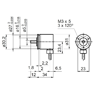 Codeur inc. Ø30mm Axe plein 5mm IP64 1024i/t 5Vdc TTL M9 8P - BDK 16.05A1024-L5-9-Lire la description