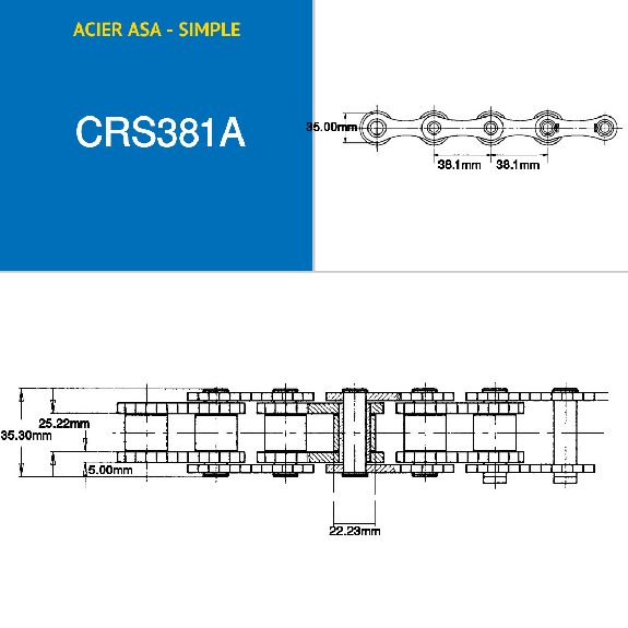 Chaîne de transmission simple à rouleaux en acier par 5 mètres ASA 120-1 au pas de 38,1 mm-Lire la description