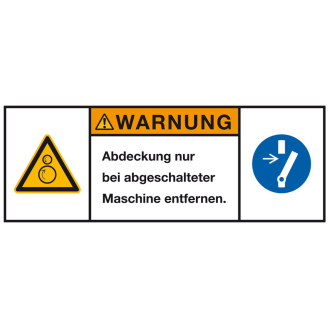 Produktsicherheitsschild Warnung Abdeckung n.bei abgesch., RoHS konform, Folie, 100x35mm, ISO 3864-2-Beschreibung lesen