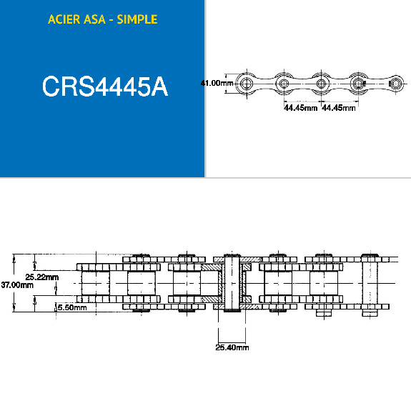Chaîne de transmission simple à rouleaux en acier par 5 mètres ASA 140-1 au pas de 444 mm-Lire la description
