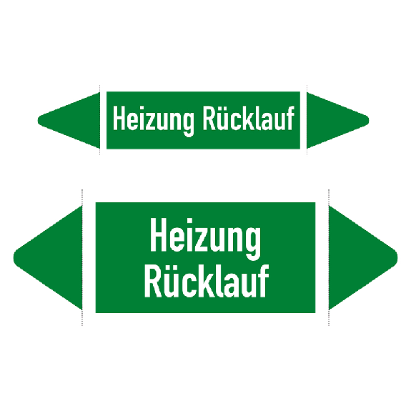 Rohrleitungsetikett Heizung Rücklauf, DIN 2403, grün/weiß, für Ø 25-40mm, 126x26mm, 5/Bogen-Beschreibung lesen