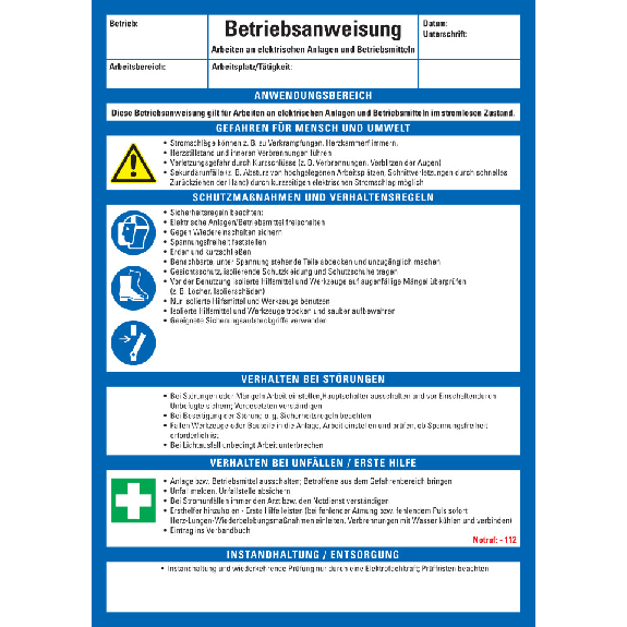 Maschinenbetriebsanweisung Arbeiten..im stromlosen Zustand, Kunststoff, 210x297mm, ASR A1.3, DIN EN ISO 7010 Maschinenbetriebsanweisung Arbeiten..im stromlosen Zustand, Kunststoff, 210x297mm, ASR A1.3, DIN EN ISO 7010-Beschreibung lesen