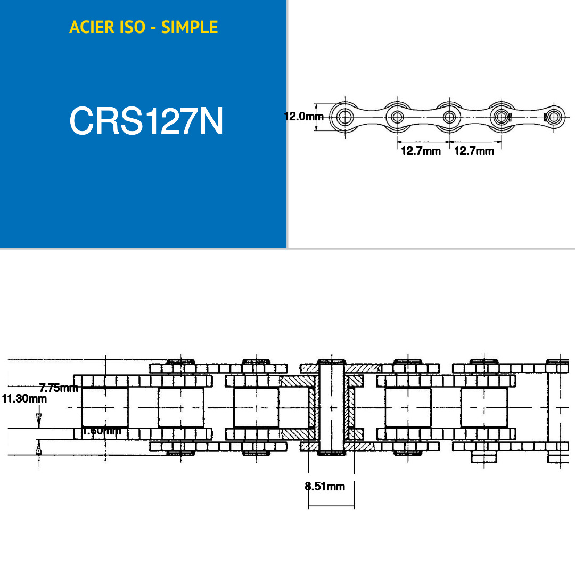 Chaîne de transmission simple à rouleaux en acier par 5 mètres ISO 08B-1 au pas de 12,7 mm Chaîne de transmission simple à rouleaux en acier par 5 mètres ISO 08B-1 au pas de 12,7 mm-Lire la description