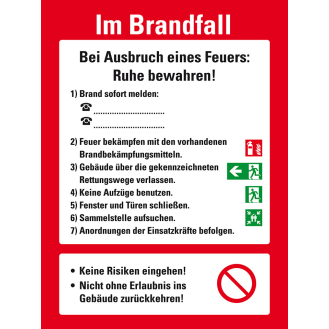 Aushang Verhaltensregeln Im Brandfall, Kunststoff, 300x400mm, ASR A1.3, DIN EN ISO 7010-Beschreibung lesen
