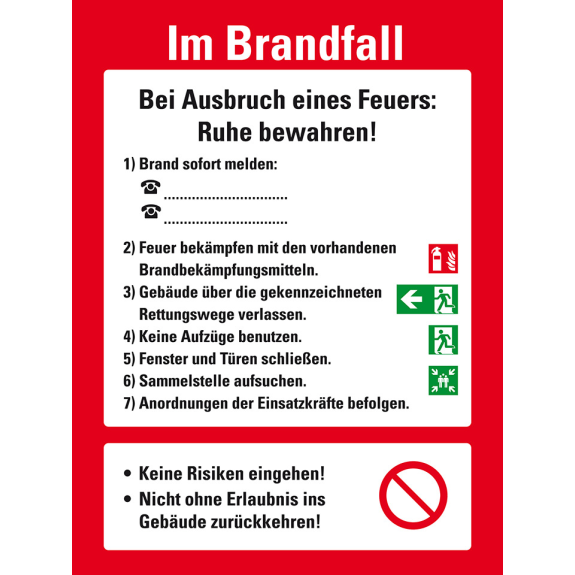 Aushang Verhaltensregeln Im Brandfall, Kunststoff, 300x400mm, ASR A1.3, DIN EN ISO 7010-Lire la description