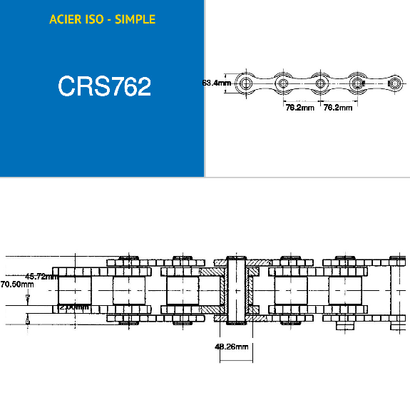 Chaîne de transmission simple à rouleaux en acier par 5 mètres ISO 48B-1 au pas de 76,2 mm Chaîne de transmission simple à rouleaux en acier par 5 mètres ISO 48B-1 au pas de 76,2 mm-Lire la description