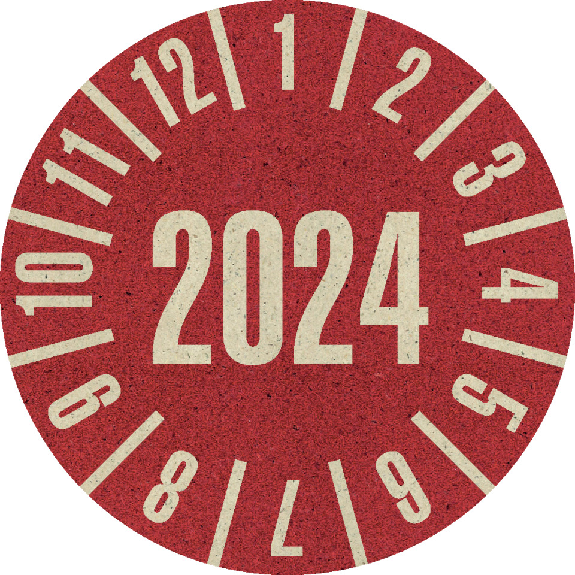 Prüfplakette 2024, rot, Primärfaser-Graspapier, Ø 30mm, 18/Bogen-Beschreibung lesen