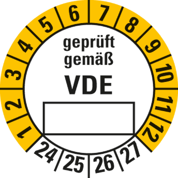 Prüfplakette geprüft gemäß VDE 24-27, Folie, selbstklebend, Ø 30mm, 10/Bogen-Beschreibung lesen