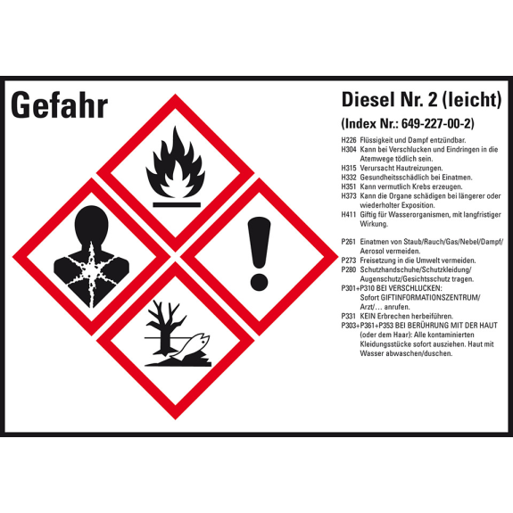 Gefahrstoffetikett Diesel No.2, GefStoffV/GHS/CLP, Folie, 148x105mm, 4/Bogen Gefahrstoffetikett Diesel No.2, GefStoffV/GHS/CLP, Folie, 148x105mm, 4/Bogen-Beschreibung lesen