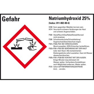 GHS-Etikett Natriumhydroxid 25%, GefStoffV/GHS/CLP, Folie, 148x105mm, 4/Bogen-Beschreibung lesen