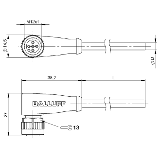 M12A Fem Coudé 5p LED PNP NO; Câble TPE 3x22AWG Jaune Cpc 15m - BCC M425-0000-1A-004-EX43T2-150 (BCC05TY)-Lire la description
