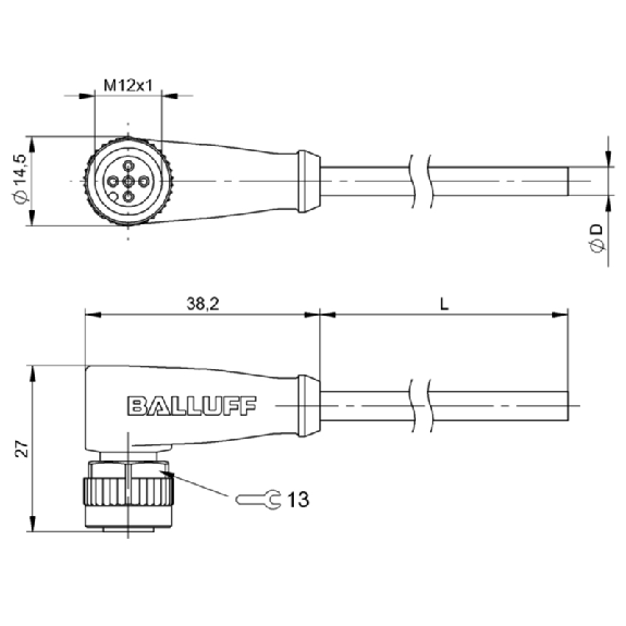 M12A Fem Coudé 5p LED PNP NO; Câble TPE 3x22AWG Jaune Cpc 15m - BCC M425-0000-1A-004-EX43T2-150 (BCC05TY)-Lire la description