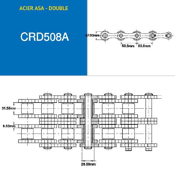 Chaîne de transmission double à rouleaux en acier par 5 mètres ASA 160-2 au pas de 50,8 mm Chaîne de transmission double à rouleaux en acier par 5 mètres ASA 160-2 au pas de 50,8 mm-Lire la description