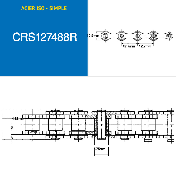 Cadena de rodillos de acero de transmisión simple por 5 metros ISO 084 a 12,7*4,88 mm de paso-Leer más