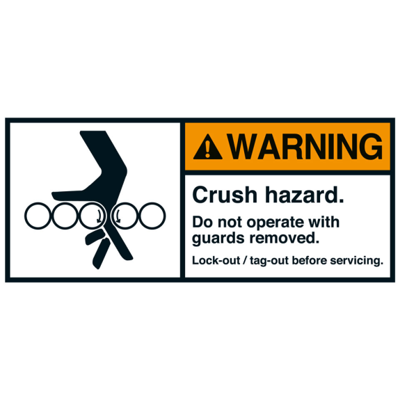 ANSI-Aufkleber WARNING Crush hazard,Walzen,UL anerk.,Folie,35x80mm,2/Bogen-Beschreibung lesen