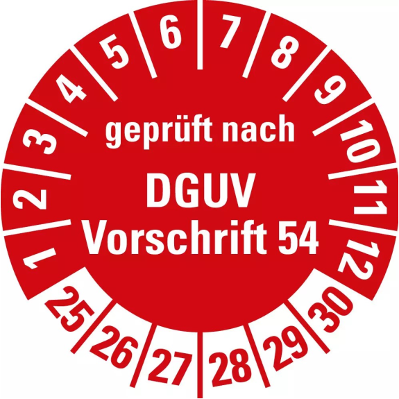 Prüfplakette gepr.n.DGUV Vorschrift 54,25-30,rot,Folie,selbst.,Ø 30mm,10/Bogen-Beschreibung lesen