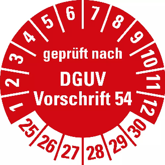Prüfplakette gepr.n.DGUV Vorschrift 54,25-30,rot,Folie,selbst.,Ø 30mm,10/Bogen-Beschreibung lesen