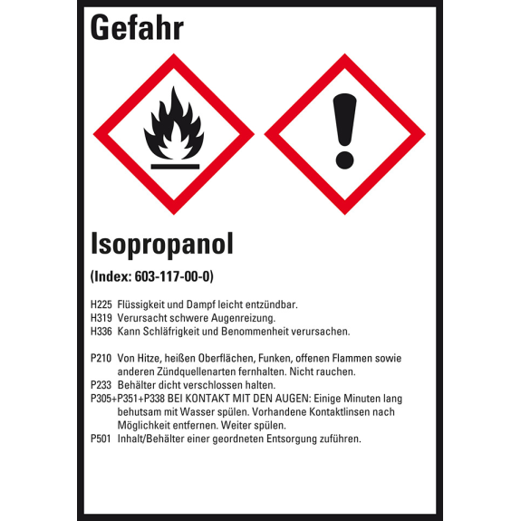 Gefahrstoffetikett Isopropanol, GefStoffV/GHS/CLP, Folie, 52x74mm, 10/Bogen Gefahrstoffetikett Isopropanol, GefStoffV/GHS/CLP, Folie, 52x74mm, 10/Bogen-Beschreibung lesen