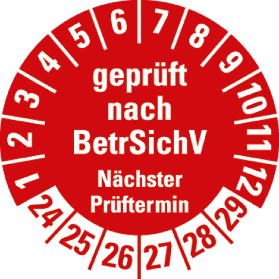 Prüfplakette geprüft n.BetrSichV Nä.Prüft. 24-29,Folie,selbstkl.,Ø 30mm,10/Bogen-Beschreibung lesen