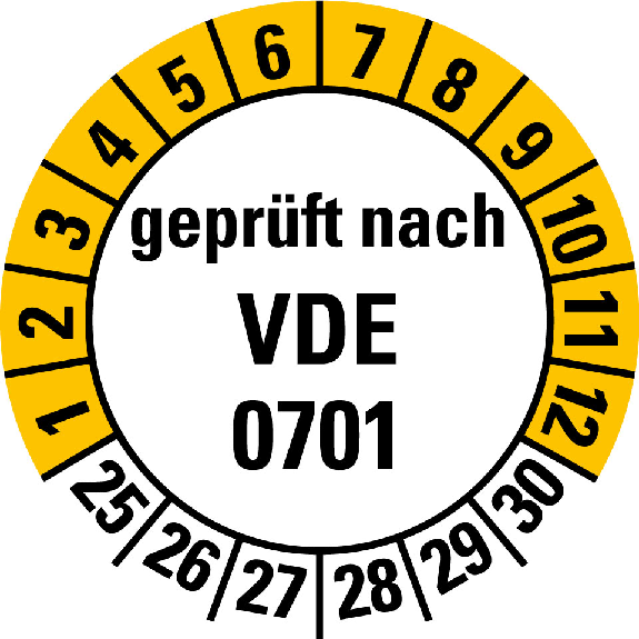 Mehrjahresprüfplakette gepr.nach VDE 0701,25-30,weiß/gelb,Folie,30mm,10/Bogen Mehrjahresprüfplakette gepr.nach VDE 0701,25-30,weiß/gelb,Folie,30mm,10/Bogen-Beschreibung lesen