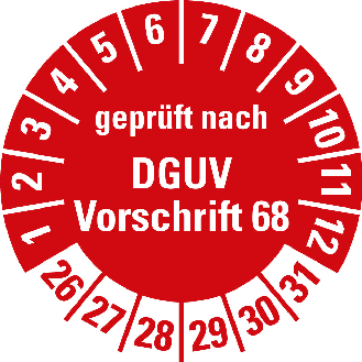 Prüfplakette gepr.n. DGUV Vorschrift 68,26-31,rot,Folie,selbst.,Ø 30mm,10/Bogen-Beschreibung lesen