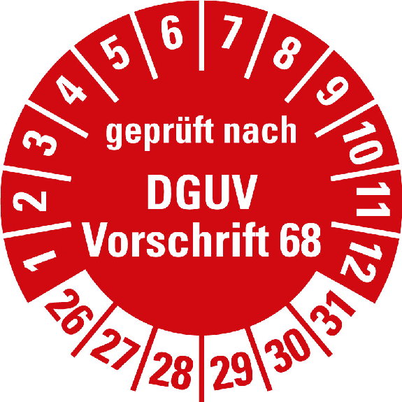 Prüfplakette gepr.n. DGUV Vorschrift 68,26-31,rot,Folie,selbst.,Ø 30mm,10/Bogen-Beschreibung lesen